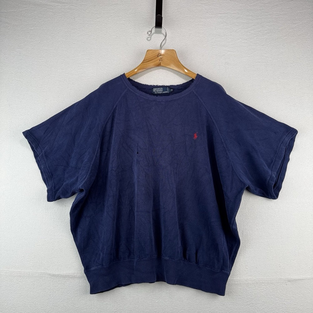 90's‎ Vtg Polo Ralph Lauren Raglan Short Sleeve Sweatshirt Blue XL *Distressed